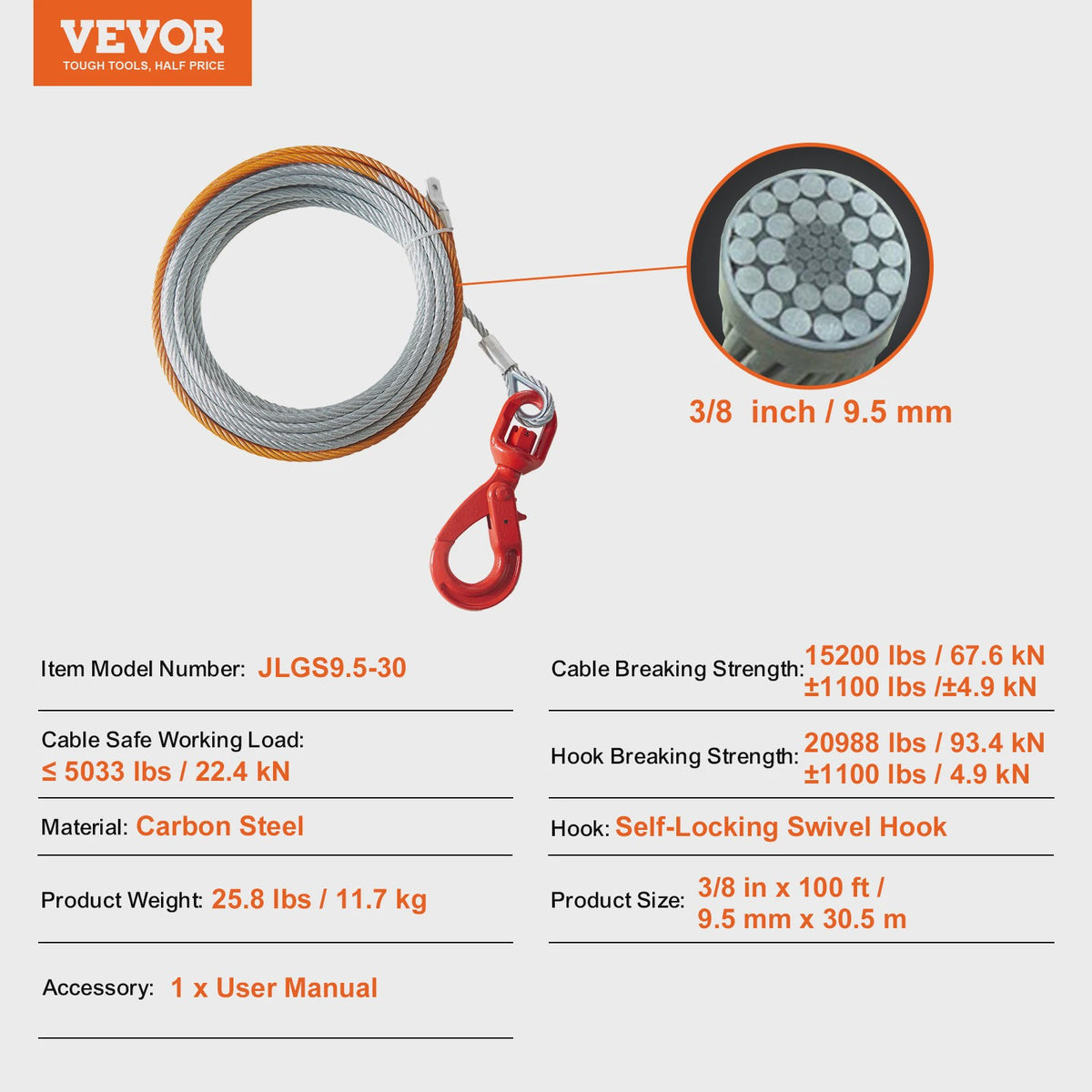 Verzinkte Stalen Lierkabel 3/8 inch - Hoge Breeksterkte voor SUV & Off-Road