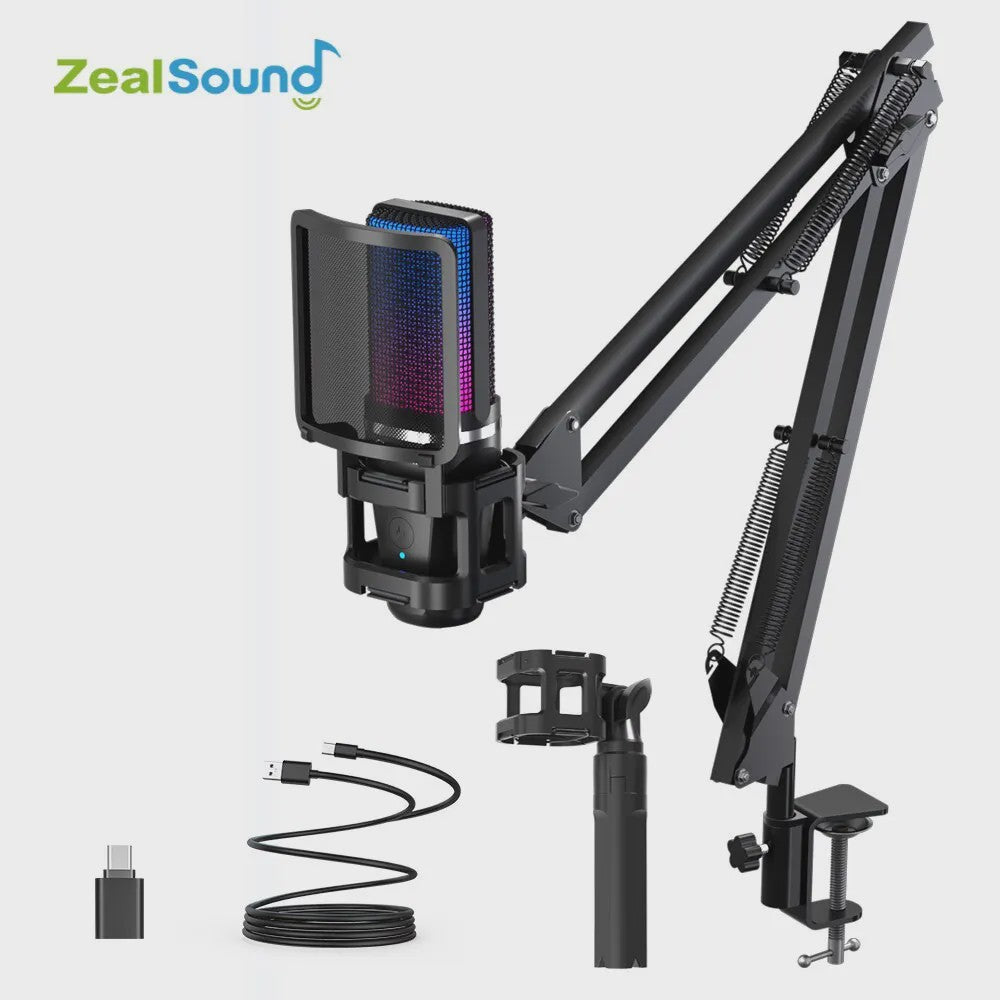 Zealsound RGB Opname Microfoon met Arm & Statief - USB Condenser voor Gaming, Podcast & Streaming