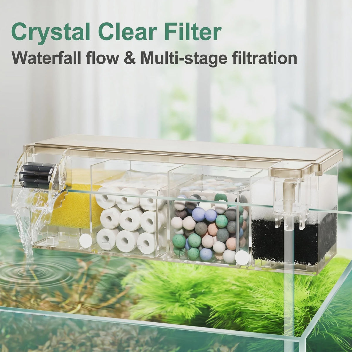 Ruimtebesparend Aquariumfilter Hang-on met Meerfasenfiltering en Watervaluitloop - 4 Maten