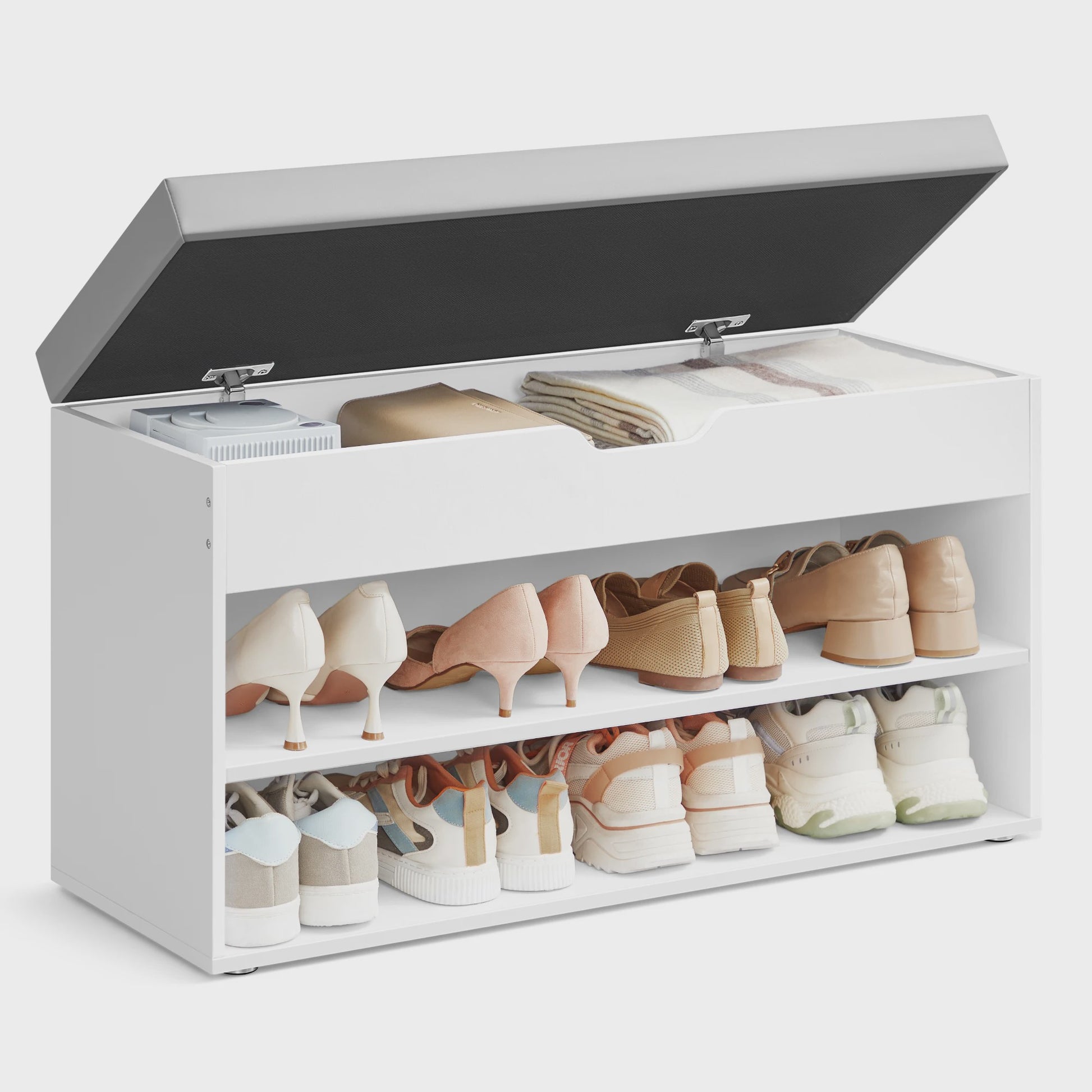 VASAGLE Schoenenbank met Zitkussen - 3 Niveaus Schoenenrek - Wit-Grijs 80x30x44 cm