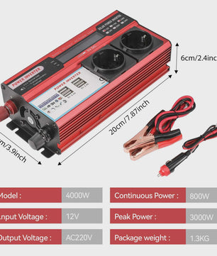 Krachtige 4000W/3000W Power Inverter: 12V DC naar 220V/230V AC met 4 USB & LED Display