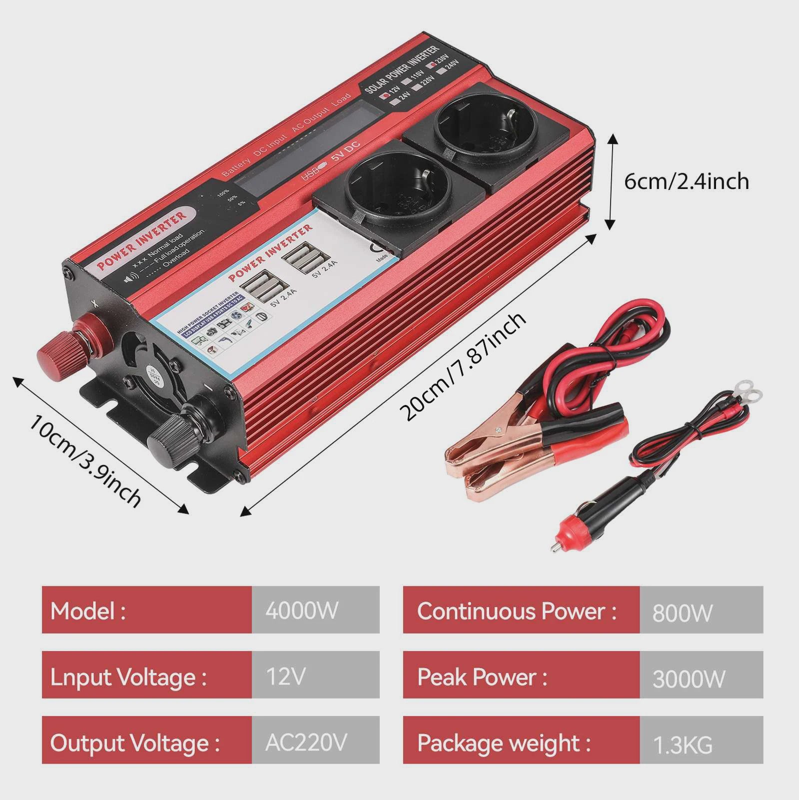 Krachtige 4000W/3000W Power Inverter: 12V DC naar 220V/230V AC met 4 USB & LED Display