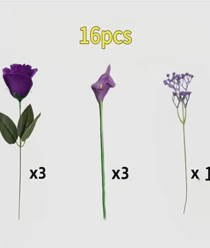 Kunstboeket Paarse Rozen, Calla Lelies & Gipsenkruid - 16 Stuks