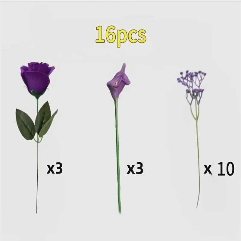 Kunstboeket Paarse Rozen, Calla Lelies & Gipsenkruid - 16 Stuks