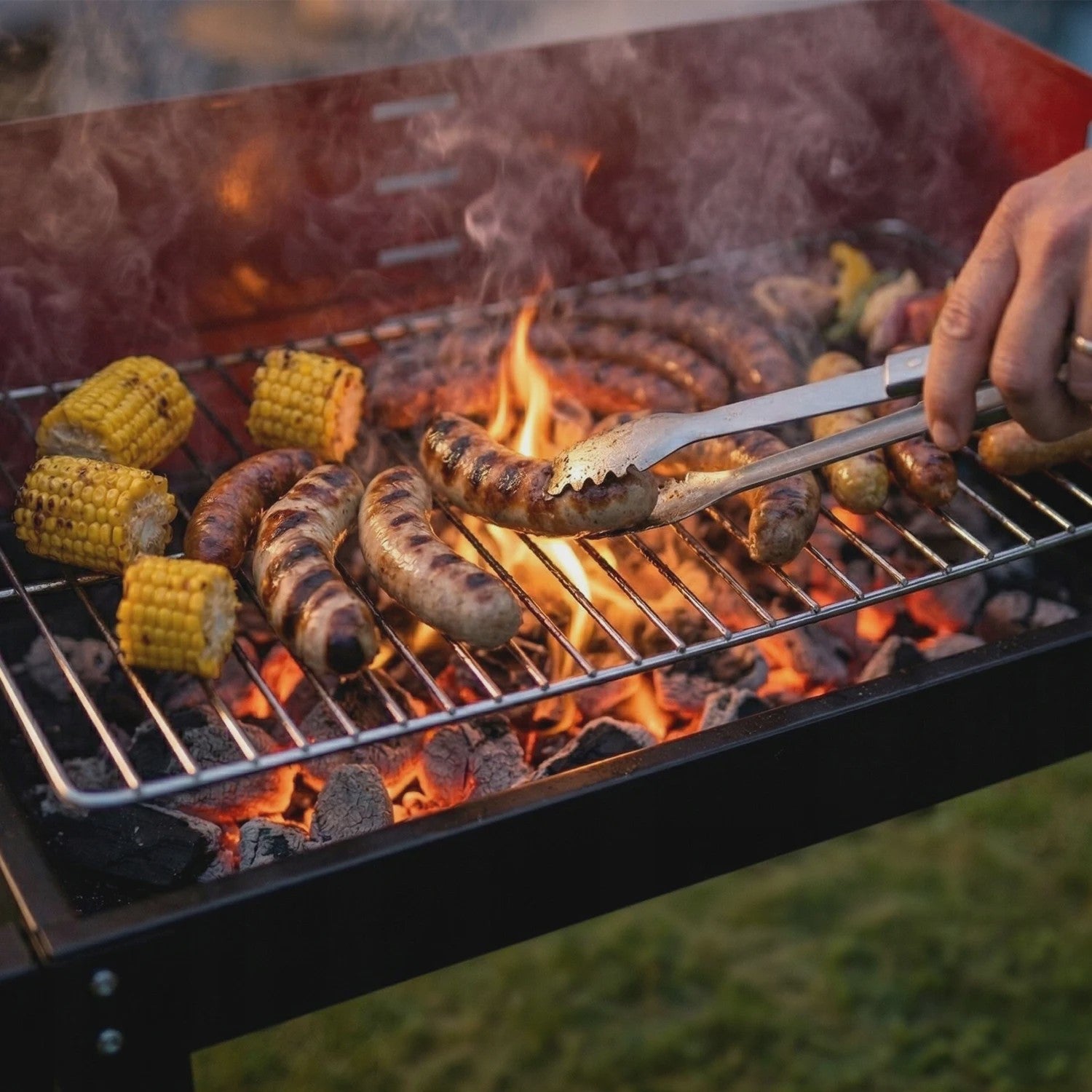Mobiele Houtskool BBQ Grill met Wielen, Zijplanken en Accessoires - 40x40cm Grilloppervlak