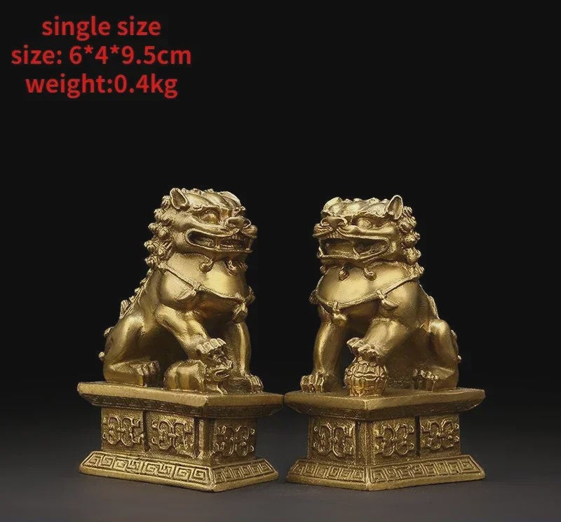 Set van 2 Koperen Feng Shui Leeuw Beeldjes - Symbool van Bescherming en Welvaart