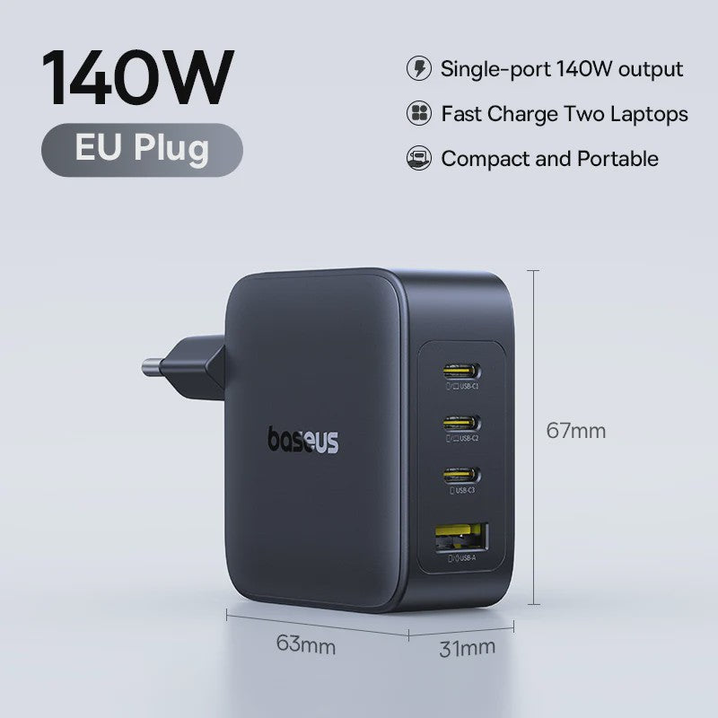 Baseus 140W GaN Snellader - Krachtige PD USB-C Oplader voor Laptop, Tablet & Smartphone