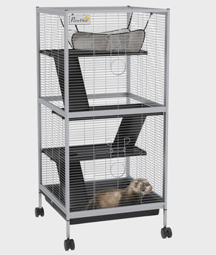 Pawhut 4-Laags Dierenkooi met Wielen en Hamac - Grijs