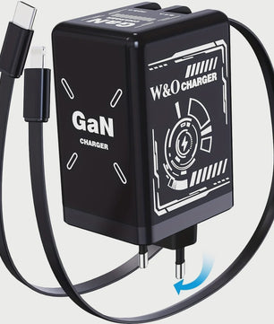 W&O GaN Snellader met 80cm Intrekbare Kabel: Dubbele Poort voor Lightning & Type-C