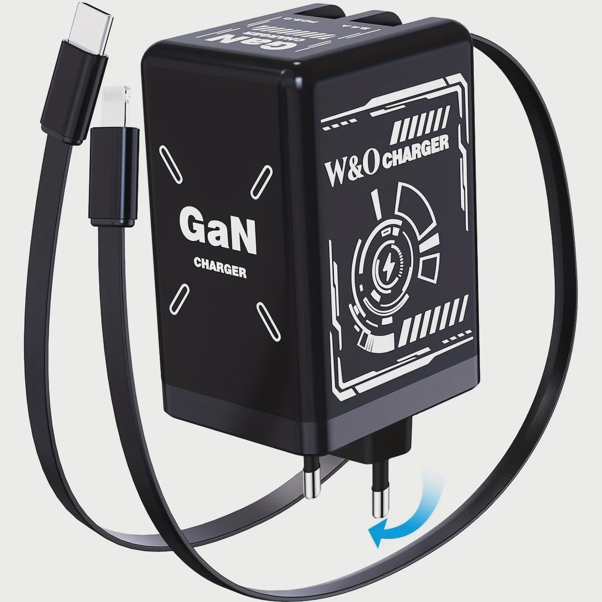 W&O GaN Snellader met 80cm Intrekbare Kabel: Dubbele Poort voor Lightning & Type-C