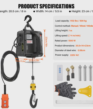 Elektrische Takel 500 kg - 7m Hefhoogte, 4m/min Snelheid, Kabel & Handmatige Bediening