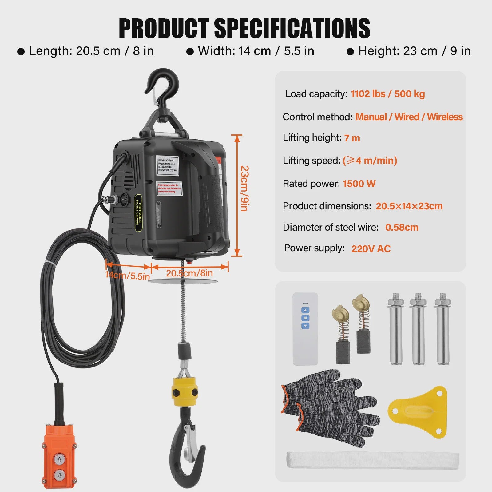 Elektrische Takel 500 kg - 7m Hefhoogte, 4m/min Snelheid, Kabel & Handmatige Bediening