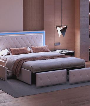 Modern Kunstlederen Bed met Lades en Opbergruimte - Stijlvol Dubbelbed