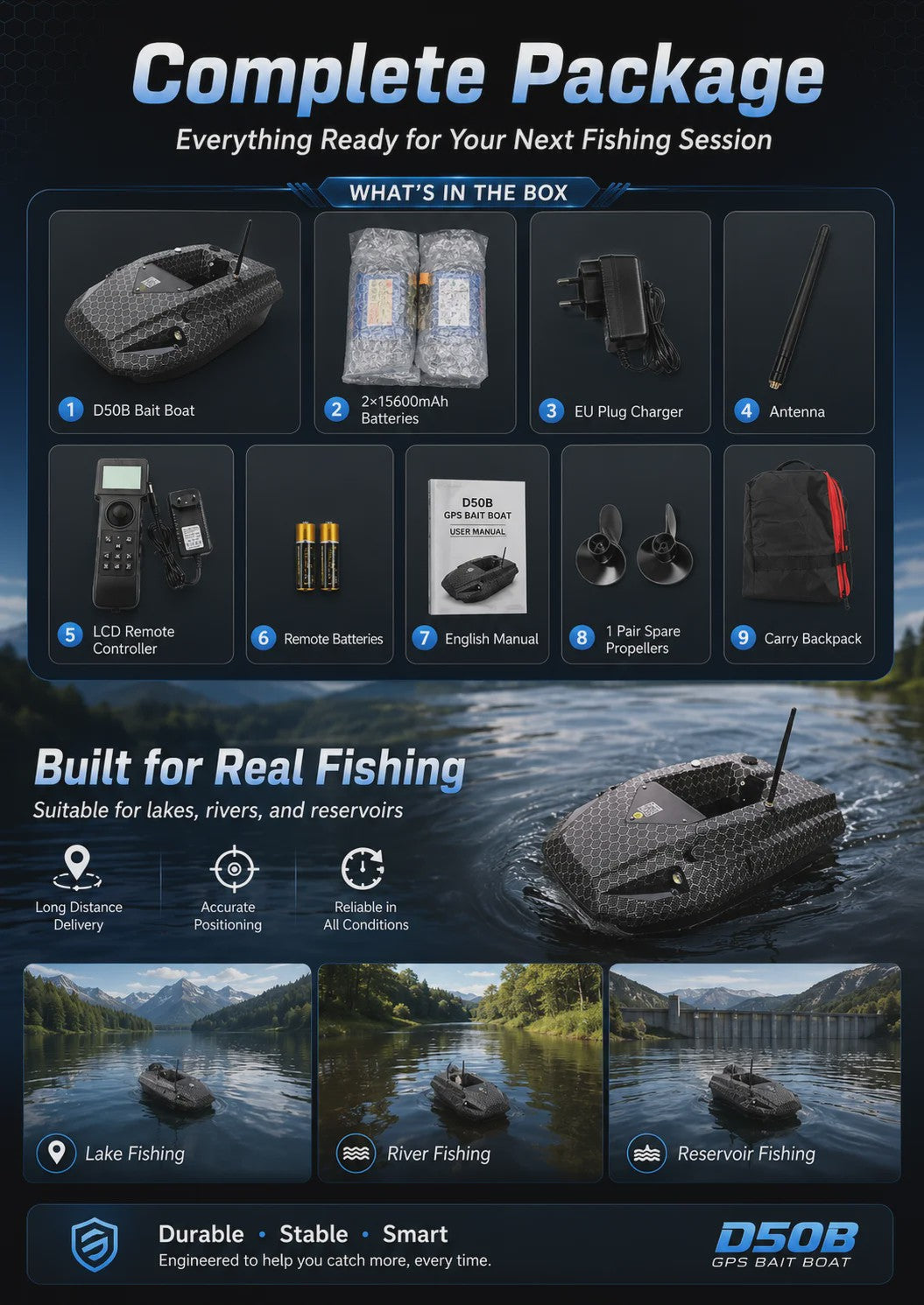 D50B Carbon Fiber GPS Voerboot met Dubbele 15600mAh Batterij - Krachtige RC Visboot
