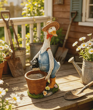 Vrolijke Cartoon Eend Tuinbeeld met Planter - 36.5 cm Hars Ornament