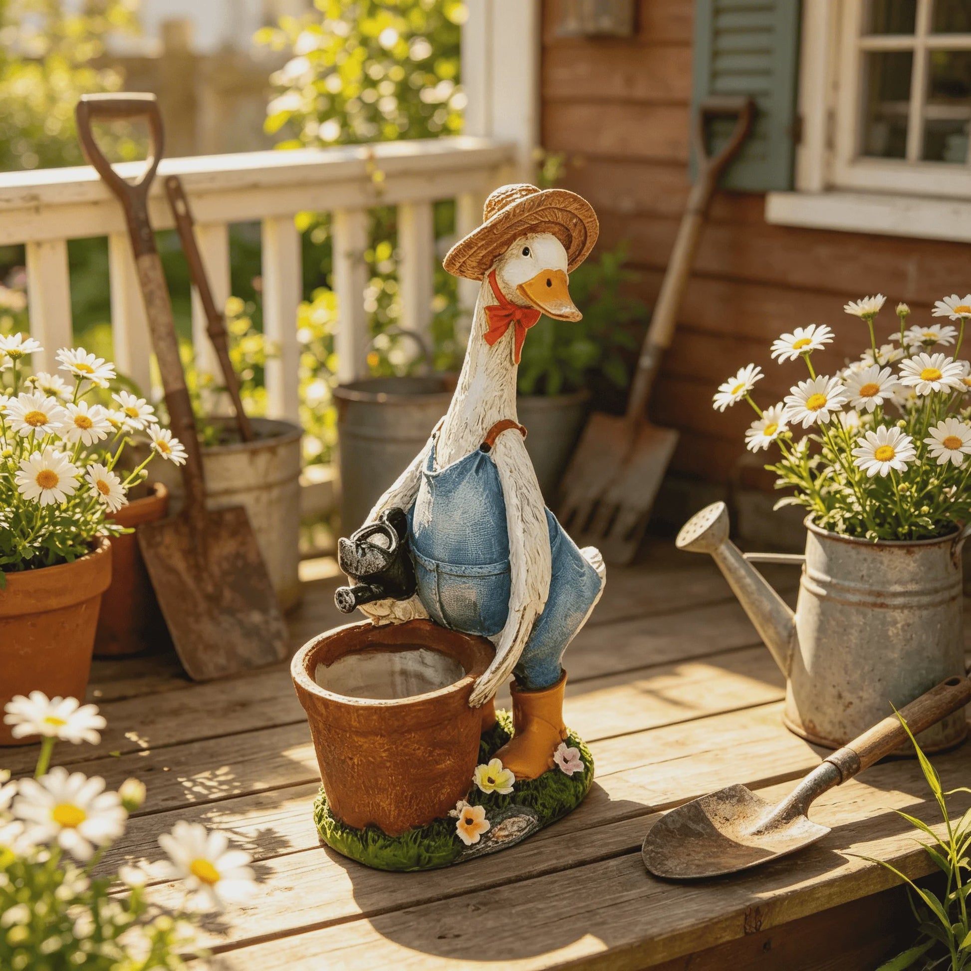 Vrolijke Cartoon Eend Tuinbeeld met Planter - 36.5 cm Hars Ornament