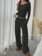 Dames Ribgebreide Set: Losvallende Top met Wijde Broek