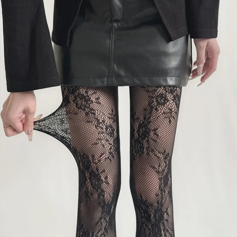 Luxe Kant & Mesh Pantyhose met Bloemendessin - Sexy & Modieus
