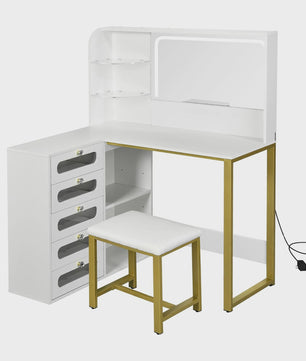 Kaptafel met Verlichting en Spiegel, Wit Chipboard, Inclusief Krukje en Lades
