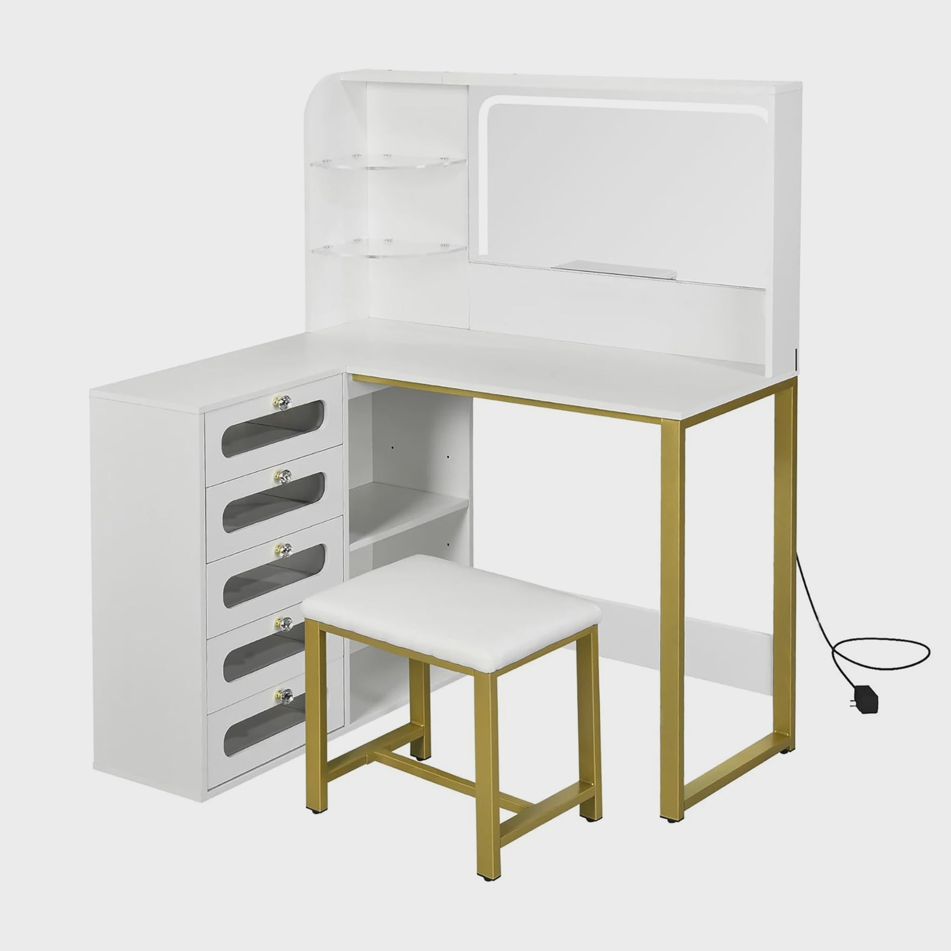 Kaptafel met Verlichting en Spiegel, Wit Chipboard, Inclusief Krukje en Lades