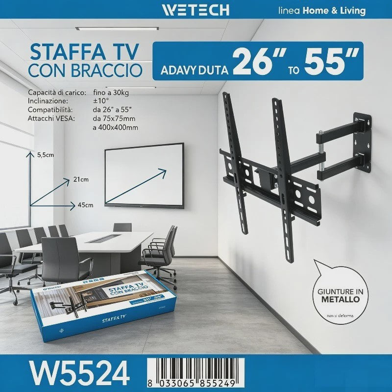 WETECH W5524 TV Muurbeugel - Dubbele Arm, 26-55 Inch, 30kg, Kantelbaar, VESA 75-400mm