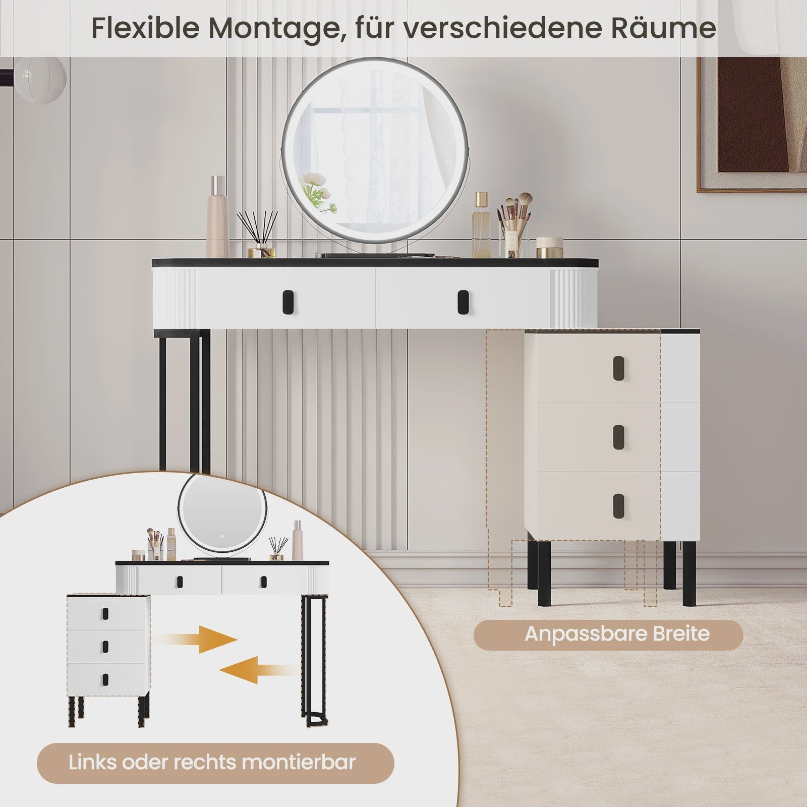 Moderne Kaptafel met LED Verlichting, Verstelbare Spiegel en Ruime Opbergruimte