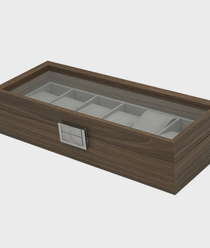 Luxe Houten Horlogedoos met Glazen Deksel - 6 Vakken - Walnoot Patroon