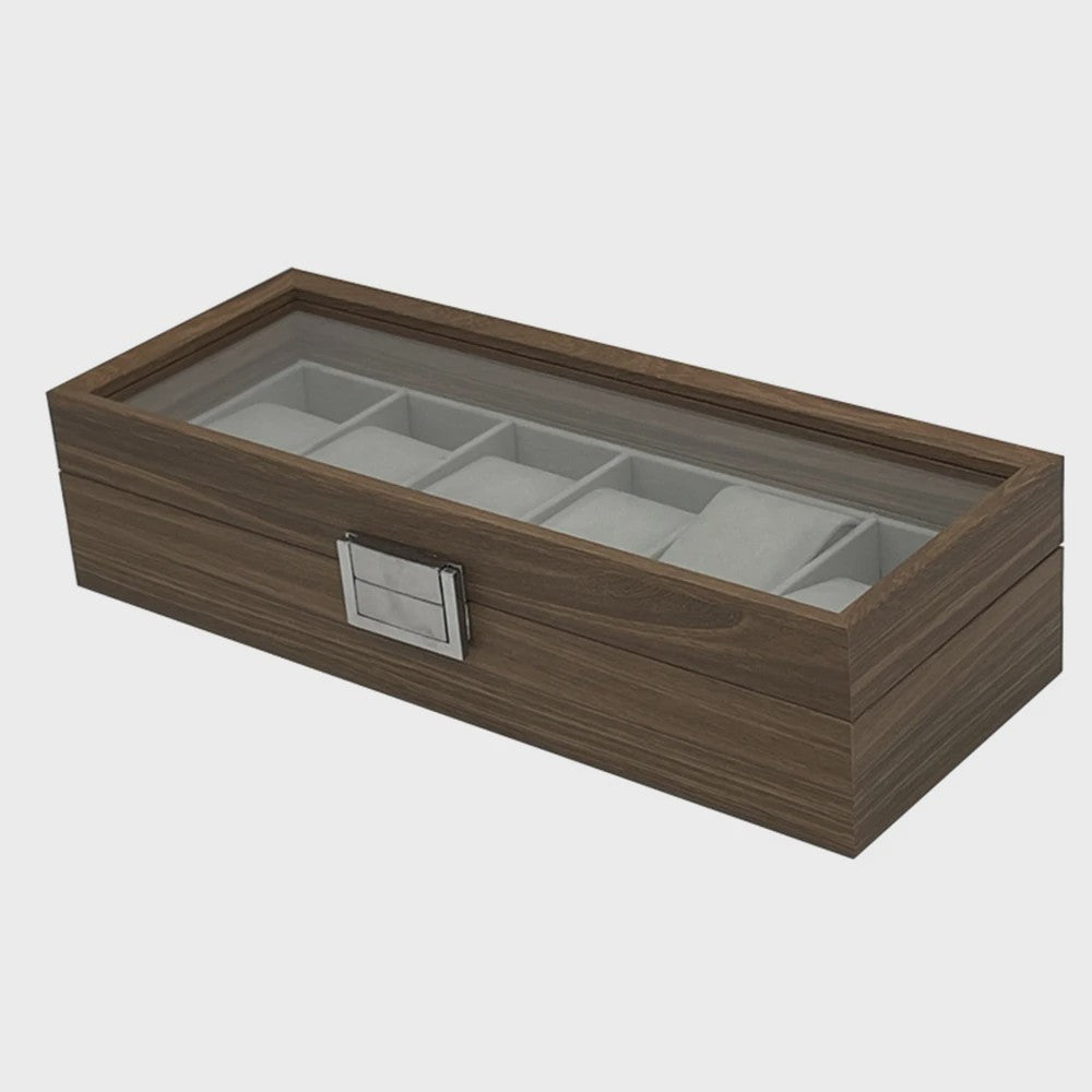 Luxe Houten Horlogedoos met Glazen Deksel - 6 Vakken - Walnoot Patroon