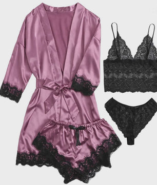Luxe 4-delige Satin Pyjamaset met Kant - Comfortabel & Sexy