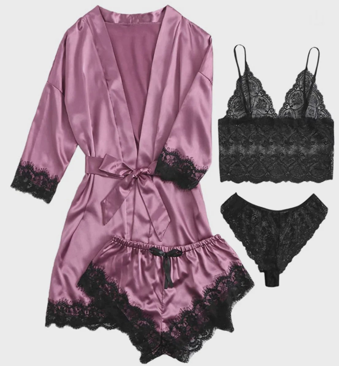 Luxe 4-delige Satin Pyjamaset met Kant - Comfortabel & Sexy