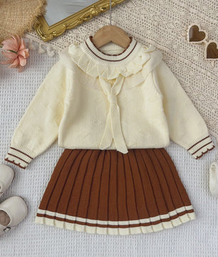 Schattige Gebreide Set: Vest met Kantkraag en Plissé Rok voor Meisjes