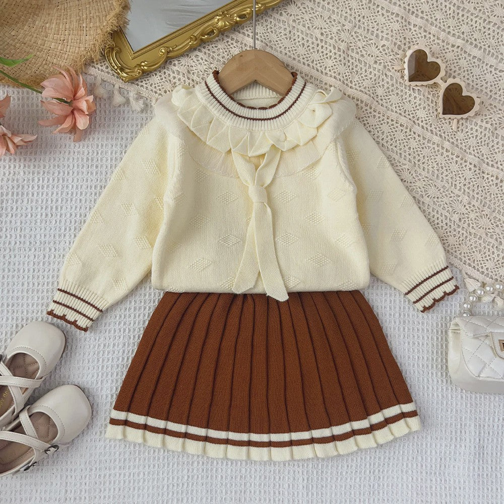 Schattige Gebreide Set: Vest met Kantkraag en Plissé Rok voor Meisjes