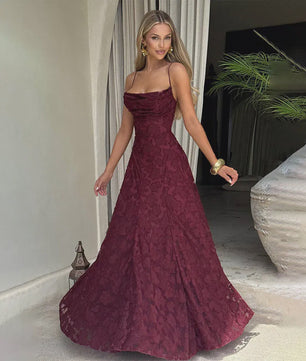 Elegante Jacquard Maxi Jurk met Blote Rug en Vierkante Hals - Feestelijk & Chic