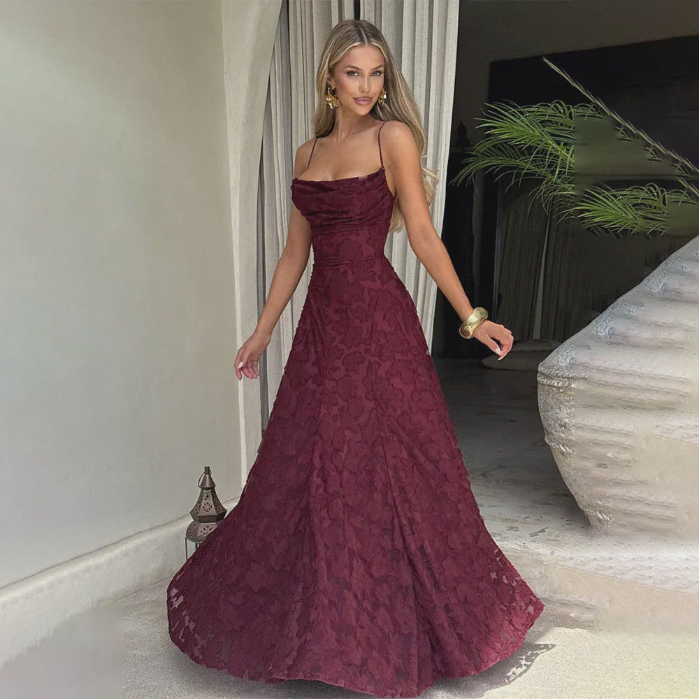 Elegante Jacquard Maxi Jurk met Blote Rug en Vierkante Hals - Feestelijk & Chic