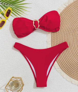 Dames Push-Up Bandeau Bikini Set met Braziliaanse Thong en Goudkleurige Ring Detail