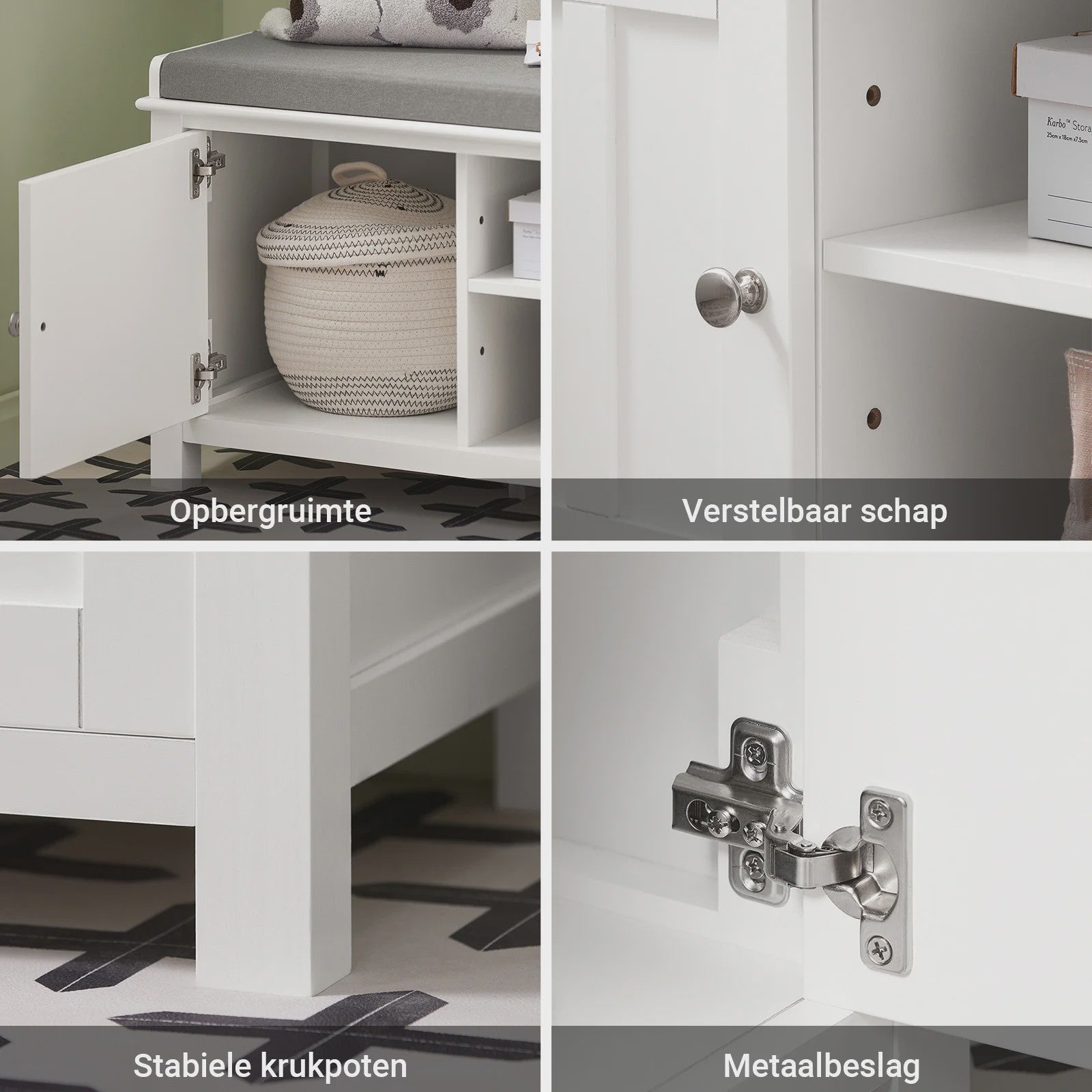 Witte Entreebank met Schoenopbergruimte en Zitkussen - MDF