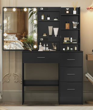Kaptafel met LED Verlichting, Schuifspiegel en 4 Lades - Make-up Tafel