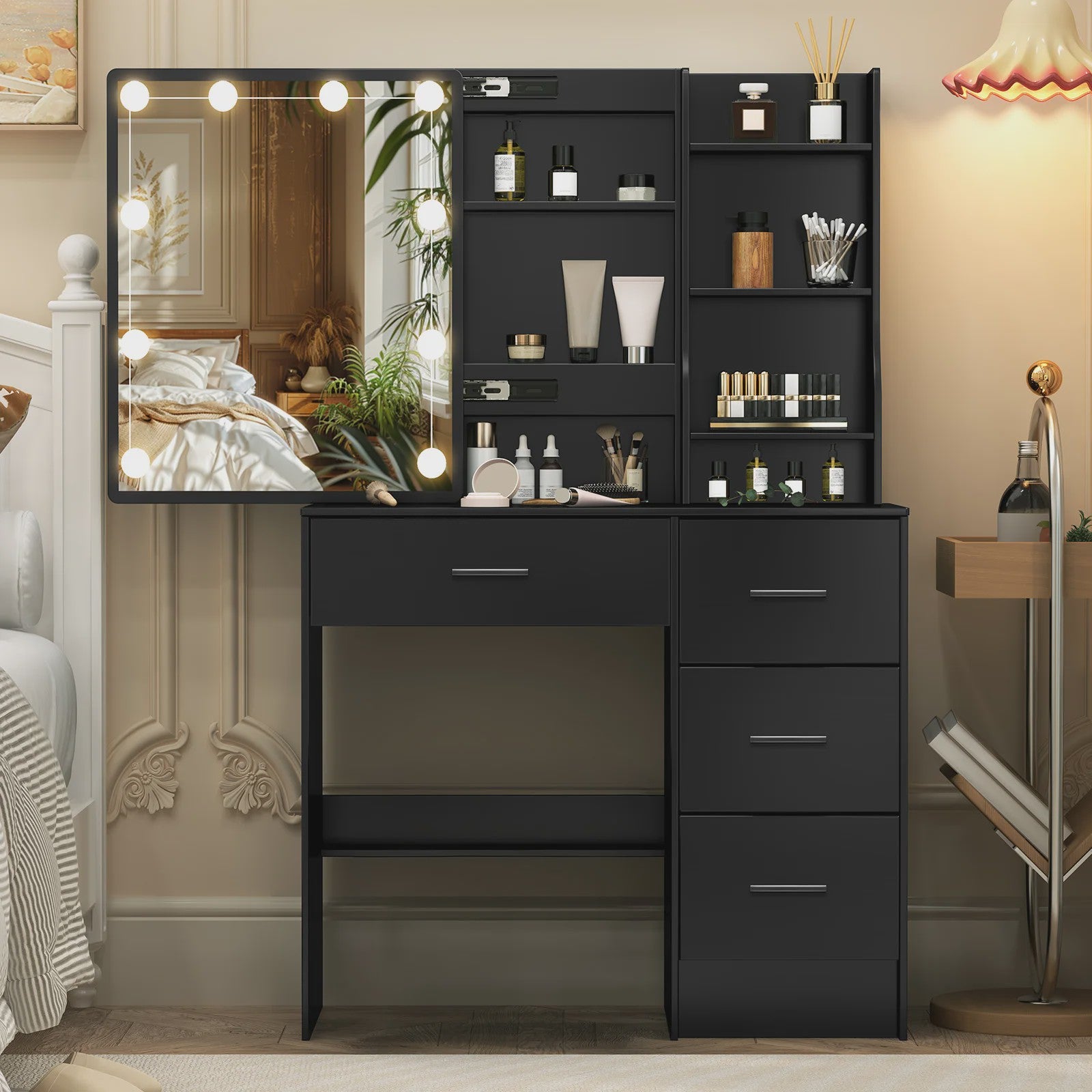 Kaptafel met LED Verlichting, Schuifspiegel en 4 Lades - Make-up Tafel