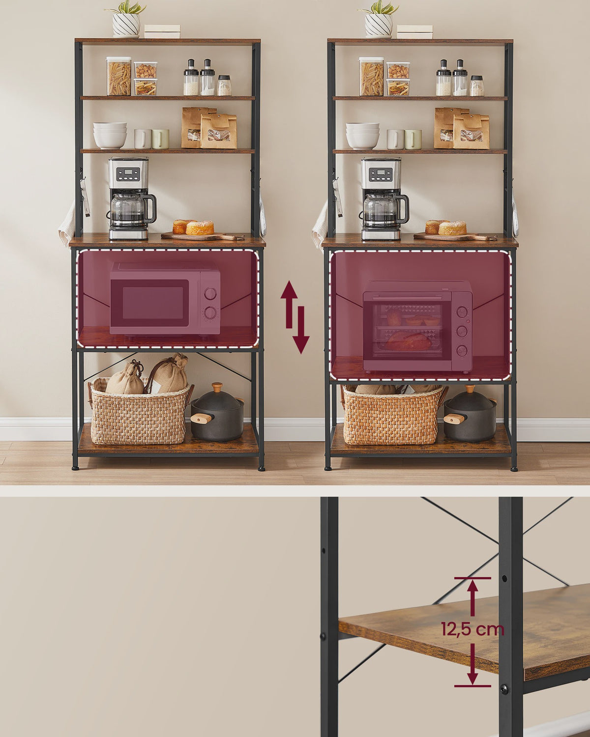 Keukenrek met 6 etages, ingebouwde stopcontacten en USB-poorten - 60x40x169 cm