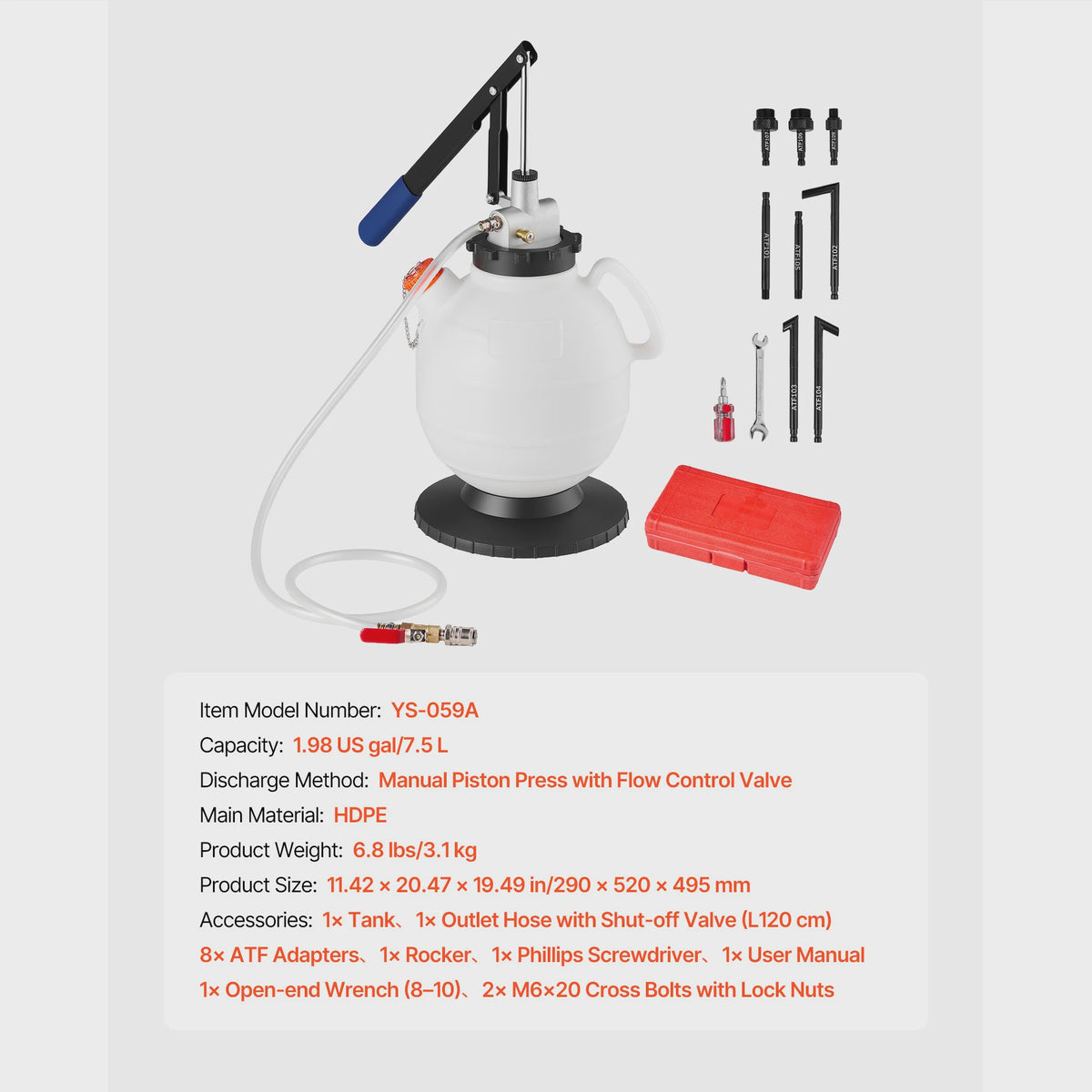 7.5L Handmatige Transmissievloeistof Pomp met 8 ATF Adapters - Olie Extractor Dispenser