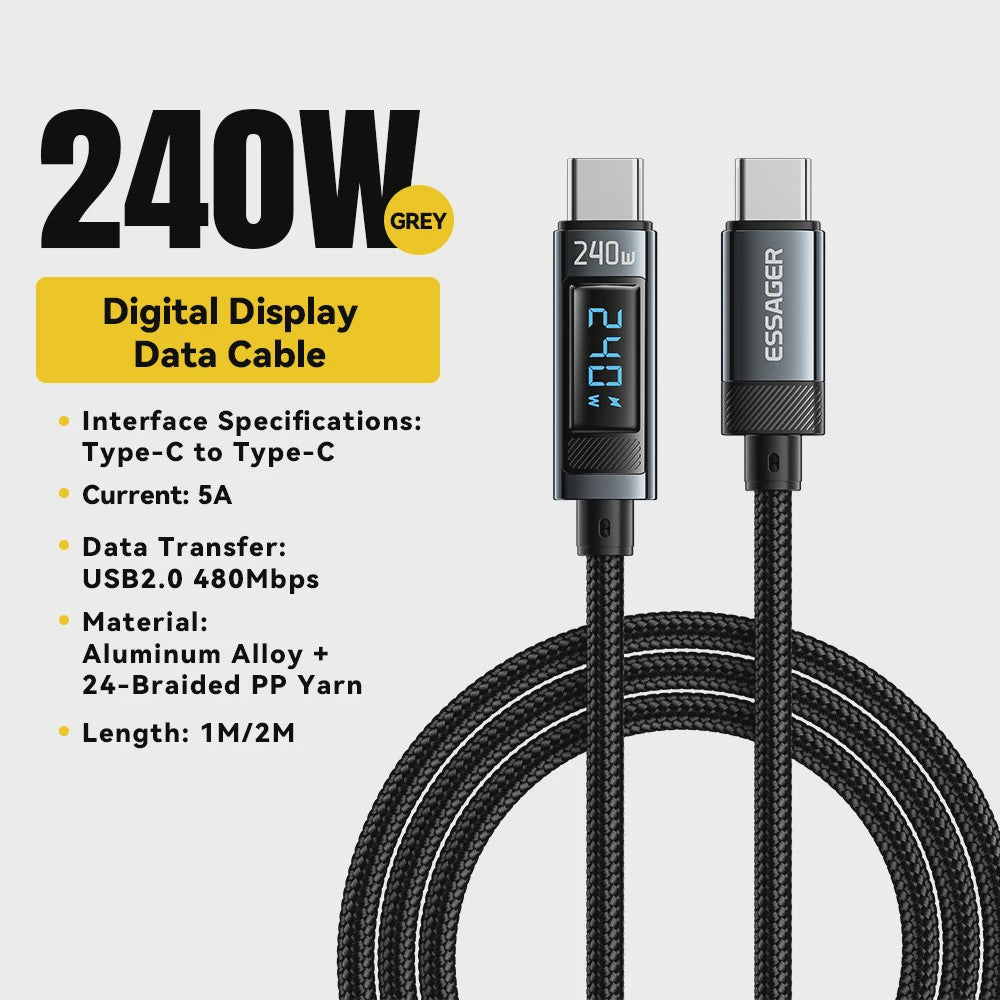 Essager 240W USB-C naar USB-C Kabel met Digitaal Display - PD 3.1 Snellader