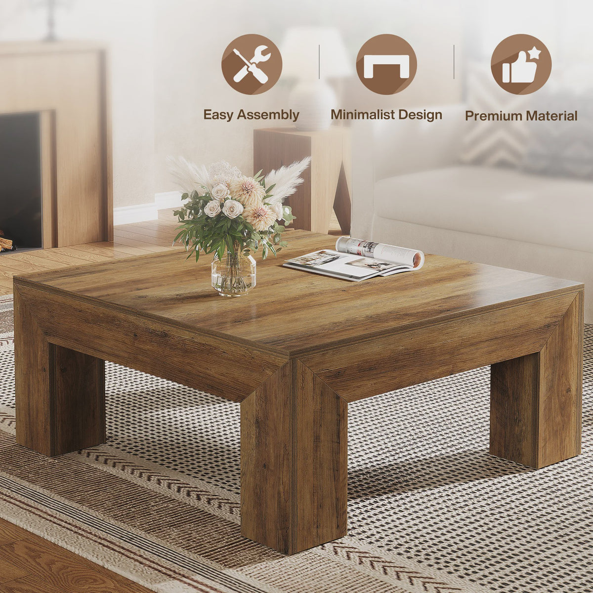 Vierkante Salontafel Rustiek Bruin - 100x100cm - Stevig Houten Onderstel