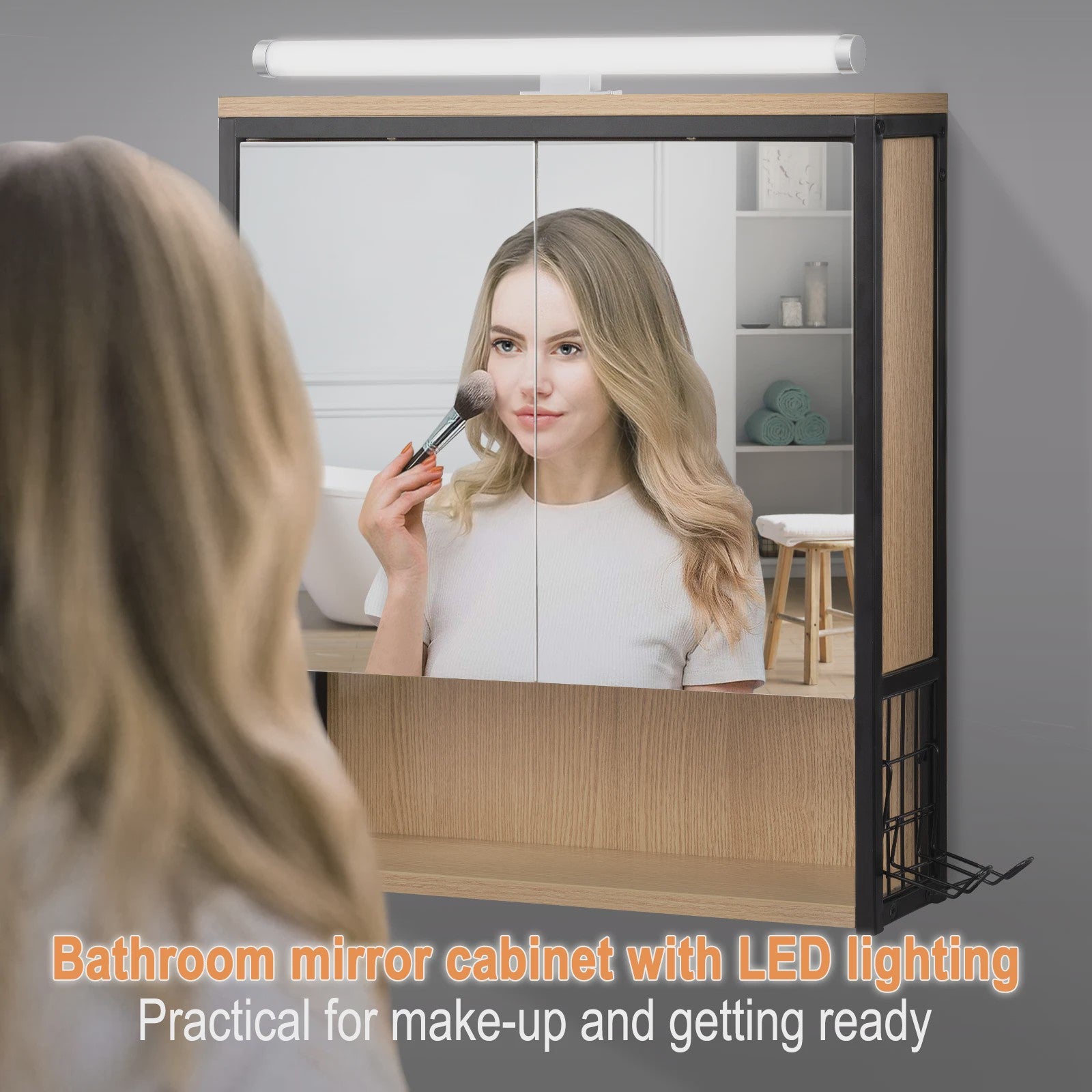 Badkamer Wandkast met Spiegel en LED Verlichting - Opbergkast met Haardrogerhouder & Verstelbare Plank