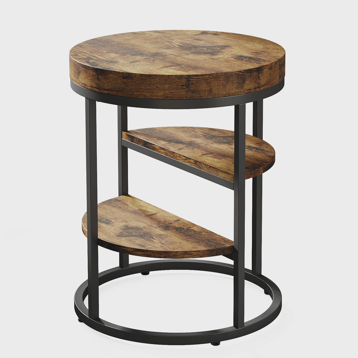 Industriële Ronde Bijzettafel met 3 Opbergplanken - Perfect voor Kleine Ruimtes
