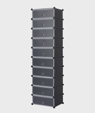 Modulaire Schoenenkast met 10 Vakken - Wit/Zwart - 47x35x170cm - Opbergkast voor Hal, Slaapkamer of Woonkamer