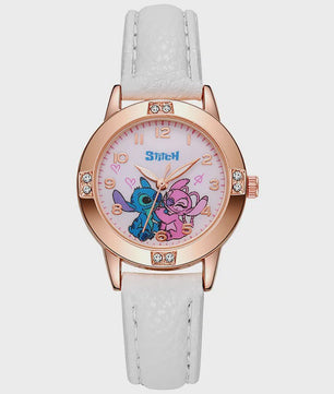 Schattig Stitch Kinderhorloge met Leren Band en Kristallen Wijzerplaat - Perfect Cadeau