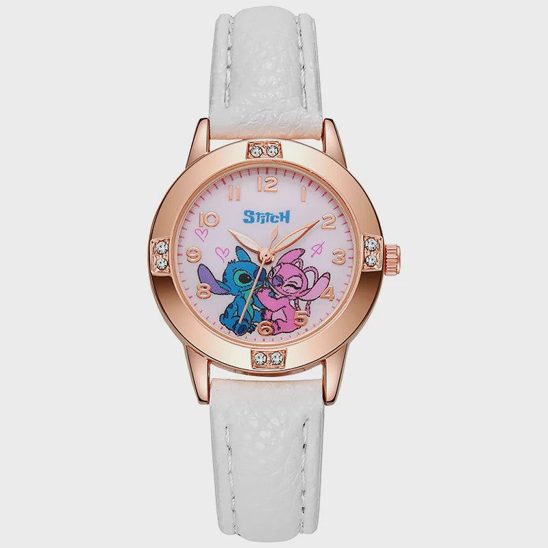 Schattig Stitch Kinderhorloge met Leren Band en Kristallen Wijzerplaat - Perfect Cadeau