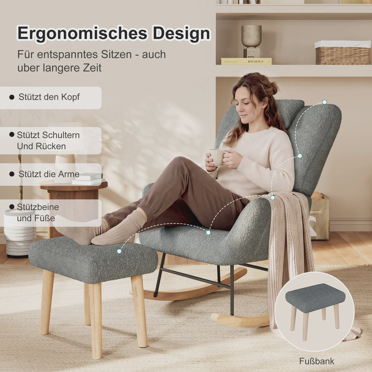Luxe Schommelstoel met Voetenbank en Hoofdsteun - Comfortabele Fauteuil met Zijvak