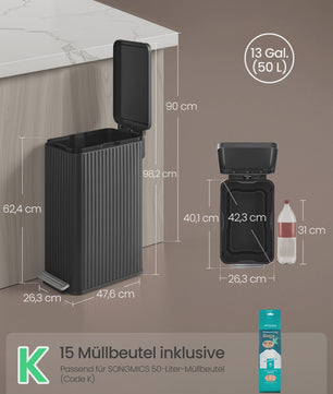 Songmics Keuken Pedaalemmer 50L - Stijlvol RVS met Soft Close & Ruimtebesparend Ontwerp