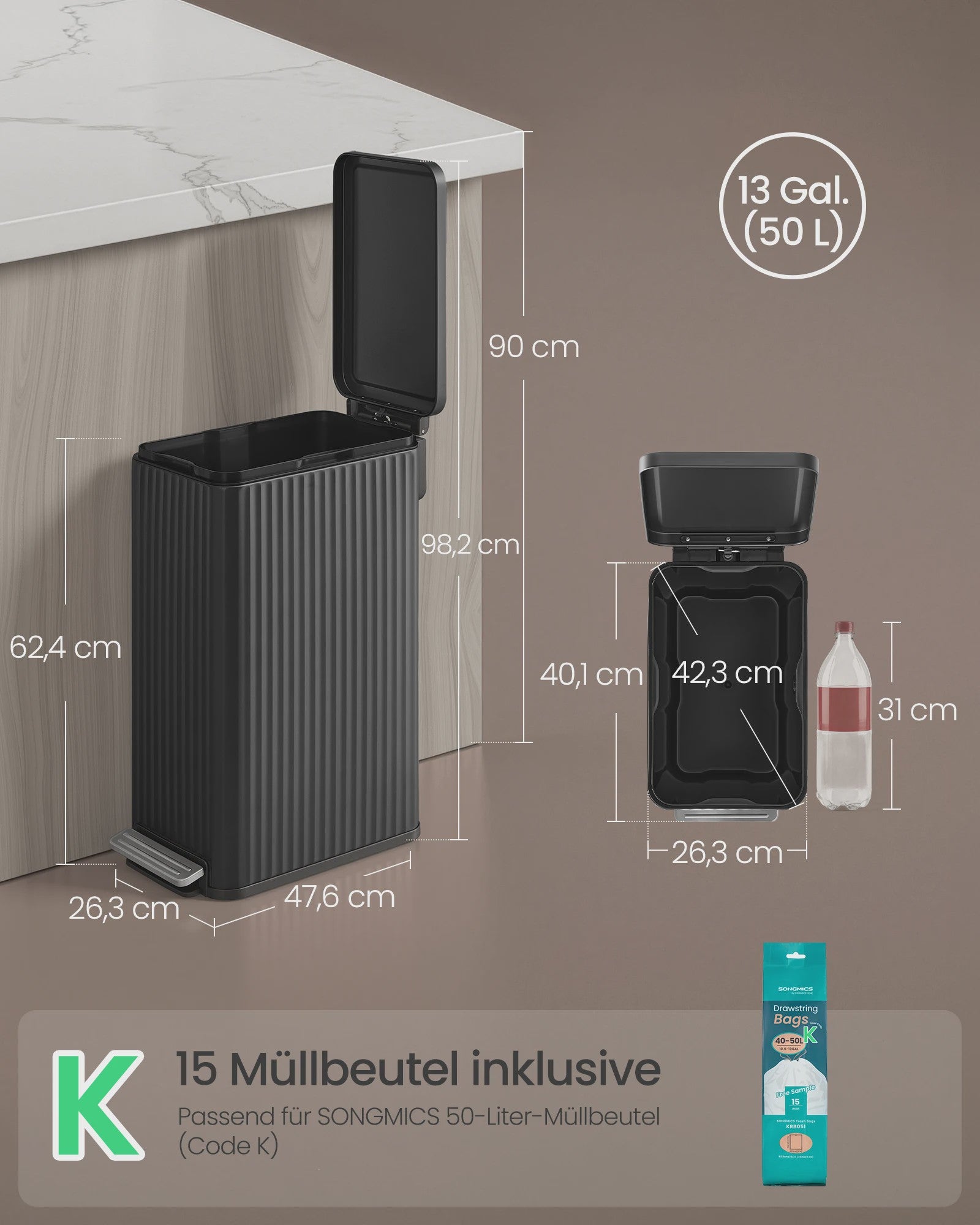 Songmics Keuken Pedaalemmer 50L - Stijlvol RVS met Soft Close & Ruimtebesparend Ontwerp